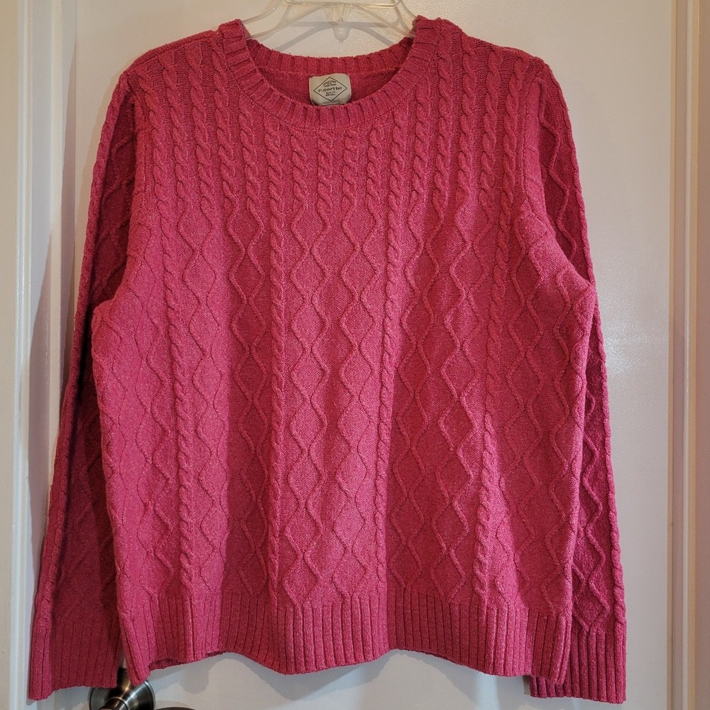St. Johns Bay Womens XL Pink Cable Knit Crew Neck Sweater Barbiecore Preppy Cute